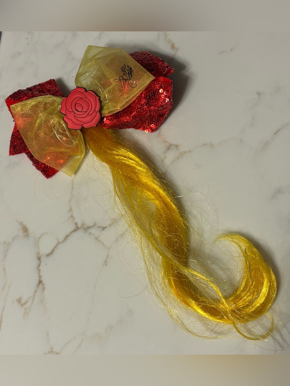 Disney Princess Belle Red Sequin Bow Hair Clip with Yellow Ponytail
